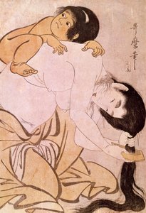 Yamauba und Kintoki. Die Mutter kämmt ihr Haar, während sie ihr Kind auf dem Rücken trägt. Japanischer Druck von Utamaro Kitagawa (1753-1806). 18. Jahrhundert. Paris, Guimet Museum, Museum für asiatische Kunst