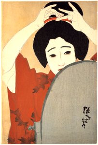 Frau, die ihr Haar vor dem Spiegel richtet, 1930 von Kitano Tsunetoni