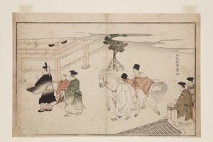 Neujahrspräsentation eines weißen Pferdes von Kitao Shigemasa