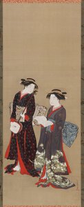 Zwei Mädchen stehen, eines hält ein offenes Buch, 1615-1868 von Kitao Shigemasa