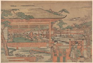Ushiwaka, der junge Yoshitsune, bringt Jorurihime ein Ständchen von Kitao Shigemasa