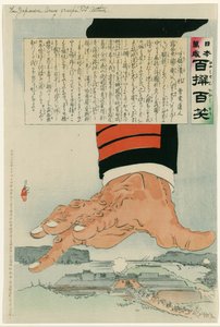 Russisch-Japanischer Krieg 1904-1905: Eine riesige japanische Hand zerquetscht Port Arthur (Lushun) am 25. Juli 1904. Russland kapitulierte schließlich Port Arthur am 2. Januar 1905. Kobayashi Kiyochika (1847-1915), japanischer Künstler.