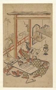 Frau am Tisch, lesend in der Erzählung von Genji