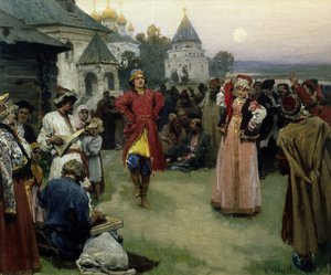 Tanz (ein junges Brautpaar in traditioneller Tracht tanzt unter den Dorfbewohnern bei Einbruch der Nacht) von Klavdiy Vasilievich Lebedev