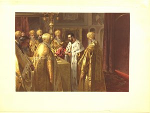 Die Krönungszeremonie von Nikolaus II. Die Eucharistie, 1899 von Klavdiy Vasilievich Lebedev