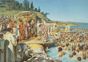 Die Taufe der Bewohner von Kiew im Jahr 988 von Klavdiy Vasilievich Lebedev