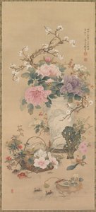 Vase mit Blumen, Heuschrecke, Meeresleben und Gartenfelsen, hängende Schriftrolle, späte 1800er von Ko Okabe