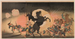 Bombardierung des feindlichen Lagers, während unsere zweite Armee bei der Festung Jinzhou landet von Kobayashi Kiyochika
