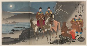 Allmählicher Vormarsch der Späher im gerechten Krieg zur Bestrafung Russlands: Eine Spähtruppe der japanischen Armee beobachtet die Bewegungen russischer Kosakensoldaten am Daedong-Fluss