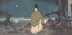 Hofbeamter der Heian-Zeit an einem mondbeschienenen Strand, 19. Jahrhundert