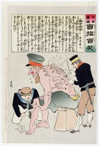 Russischer Soldat wird von japanischem Militärpersonal versorgt, veröffentlicht 1905 von Kobayashi Kiyochika