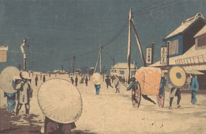 Straßenszene am Stadtrand von Edo an einem Winterabend, ca. 1878