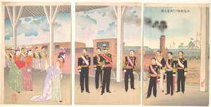 Triumphale Ankunft des Kaisers am Bahnhof Shinbashi von Kobayashi Kiyochika