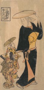 Buddhistische Nonne spricht mit zwei kleinen Mädchen, die ihr folgen von Kondo Katsunobu