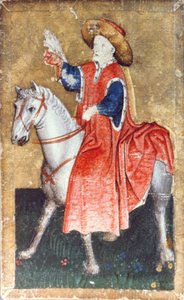 Ein berittener Falkner, eine von einem Kartenspiel darstellenden Szenen des höfischen Falknens, Oberrhein-Gebiet, ca. 1440-45