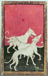 Drei Jagdhunde, eine von einem Kartenspiel darstellende Szenen des höfischen Falknens, Oberrhein-Gebiet, um 1440-45