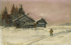 Winterlandschaft mit zwei Holzhütten von Konstantin Alekseevich Korovin