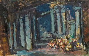 Cleopatras Palast, Ägyptische Halle. Bühnenbild für die Oper-Ballett Mlada von Rimsky-Korsakov, 1916 von Konstantin Alexeyevich Korovin
