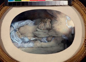 Verliebt sein. (Ein junges Mädchen liegend, entblößte Brust, träumerisch und lächelnd im Kerzenschein) von Konstantin Andreevic Somov