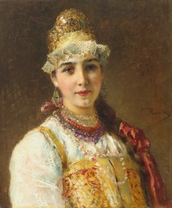 Porträt einer Bojarenfrau in einem Sarafan-Kleid und mit einem traditionellen Kokoschnik auf dem Kopf von Konstantin Egorovich Makovsky