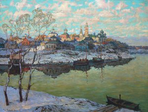 Früher Frühling, eine Stadt am Fluss, 1916 von Konstantin Ivanovich Gorbatov