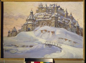 Festung des alten Russland. (Holzbefestigte Stadt, im Schnee in der Ukraine im Mittelalter). Werk von Konstantin (Constantin) Ivanovich Gorbatov (1876-1945), Tempera auf Holz, Anfang des 20. Jahrhunderts. Private Sammlung von Konstantin Ivanovich Gorbatov
