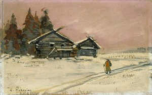 Winterlandschaft mit zwei Holzhütten, frühes 20. Jahrhundert von Konstantin Korovin
