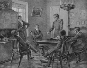 Pavel Pestel Rede bei der Versammlung der Nordgesellschaft der Dekabristen in Petersburg, 1936 von Konstantin Mikhailovich Goldstein