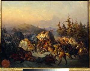 Die russischen Kosaken greifen die französischen Truppen im Transit an, Episode der Schlacht von Borodino 1812