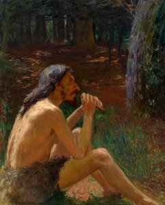 Prähistorischer Mann spielt Flöte - Gemälde von Konstantin Pawlowitsch Kusnezow (1863-1936) von Konstantin Pavlovich Kuznetsov
