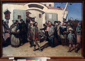 Rückkehr zur Freiheit. (Befreiung der Gefangenen eines Zuchthauses, ihre Augen sind zum Himmel gerichtet und eine bewegte Menge erwartet sie). Gemälde von Konstantin Petrovich Pyneev (1868-1922), Öl auf Leinwand. Russische Kunst von Konstantin Petrovich Pyneev