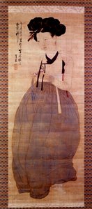 Koreanische Kunst: Porträt einer Geisha (Koreanisches Mädchen im Geisha-Kostüm). Druck von 1758. Private Sammlung.