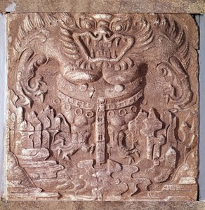 Koreanische Kunst: Graue Terrakottaziegel, die ein Monster darstellen. Königreich Paekche (oder Paikchei oder Baekje), Korea. 7. Jahrhundert. Nationalmuseum von Korea