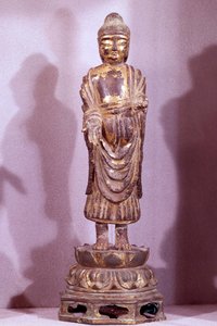 Koreanische Kunst: Buddha-Statuette aus vergoldeter Bronze. Silla-Periode, 8. Jahrhundert. Hyung Pil Chun Sammlung