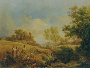 Landschaft mit Heuernte