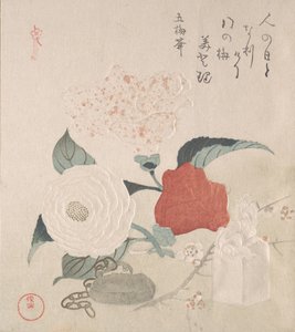 Kamelienblüten, ein Netsuke und ein Siegel, 19. Jahrhundert von Kubo Shunman