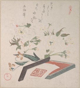 Kirschblüten und Siegelkasten mit Tinte und Lineal von Kubo Shunman