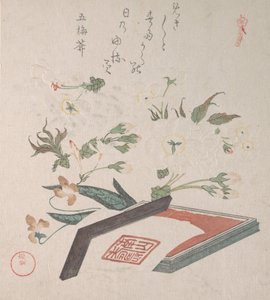 Kirschblüten und Siegelkasten mit Tinte und Lineal, 19. Jahrhundert