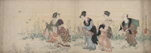 Vier Mädchen und ein Diener genießen Wildblumen und Schmetterlinge von Kubo Shunman