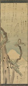 Berg Fuji durch Kiefern, Hängerolle, späte 1700er-frühe 1800er