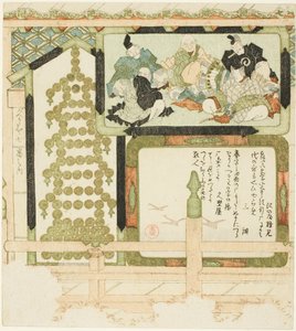 Nr. 7: Votivbilder von sechs unsterblichen Dichtern, fliegende Gänse und eine Pagode aus Münzen, aus der Serie "Sieben Bilder für die Hisakataya (Hisakataya shichiban no uchi)" von Kubo Shunman