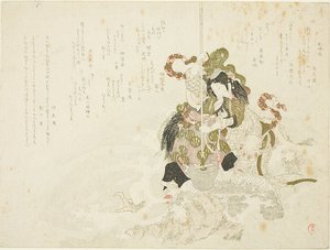 Otchime, die Tochter des Meeresgottes, mit einem Drachen auf einem Felsen