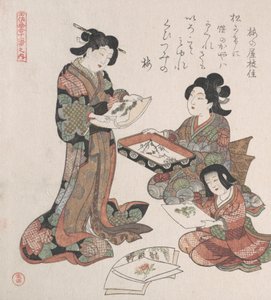 Zwei Frauen und ein Mädchen betrachten Gemälde, wahrscheinlich 1815