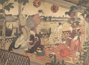 Zwei junge Männer und mehrere Frauen, die in einem Teehaus am Ufer des Sumida-Flusses speisen, ca. 1788 von Kubo Shunman