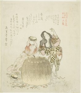 Frau und zwei Jungen sammeln Abalone, aus der Serie "Das Tosa-Tagebuch (Tosa nikki)"