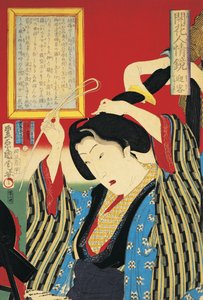 Nahaufnahme einer Frau, die in den Spiegel schaut von Toyohara Kunichika