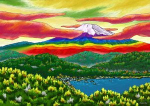 Regenbogenfarbener Berg Fuji jenseits der Stadt, 2023 von Kunio Ota