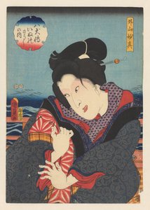 Sotoyama Myôshin auf dem Balkon am Fluss (Biografien der acht Hundhelden) von Kunisada (II) , Utagawa
