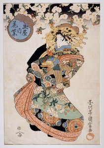 Kurtisane Hanamurasaki aus dem Tamaya Teehaus, Ca. 1830, Ukiyo-e Kunstdruck von Utagawa Kunitomi, Oban-tate-e Holzschnitt, 38,2x26,5 cm, Japanische Zivilisation