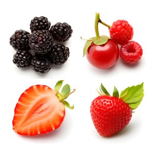 4 Früchte und Beeren isoliert auf weißem Hintergrund Set. 2